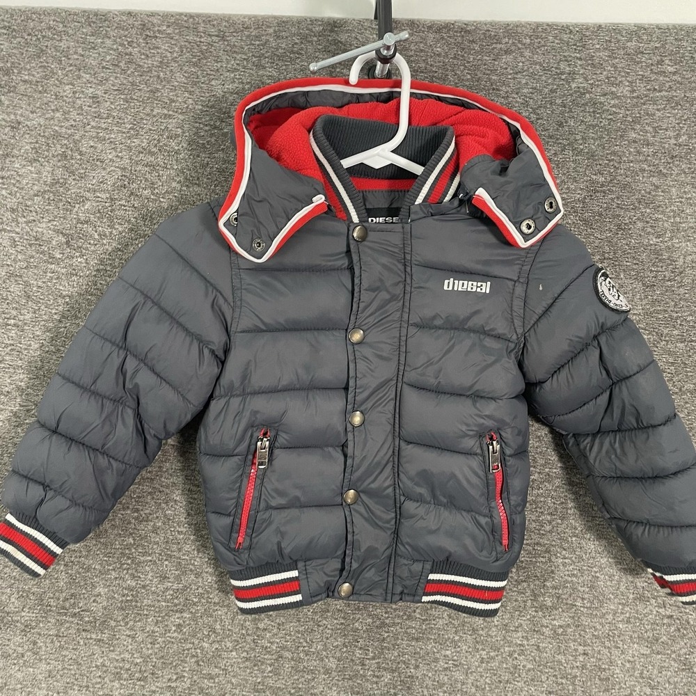 Diesel Jacket Youth 5-6 Gray Puffer Hooded Full Zip Fleece Lined Insulated